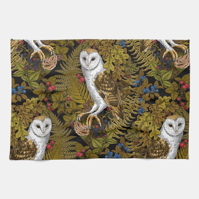 Owls, ferns, oak and berries 2 kitchen towel (Horizontal)