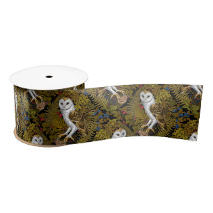 Owls, ferns, oak and berries 2 satin ribbon