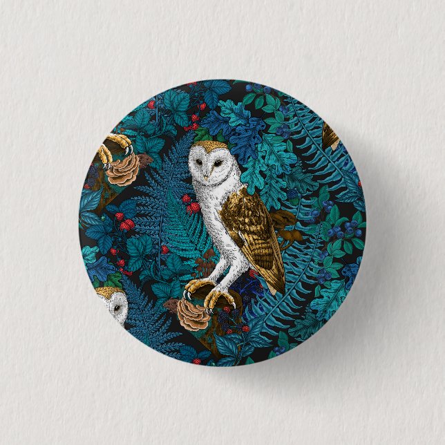 Owls, ferns, oak and berries 3 1 inch round button (Front)