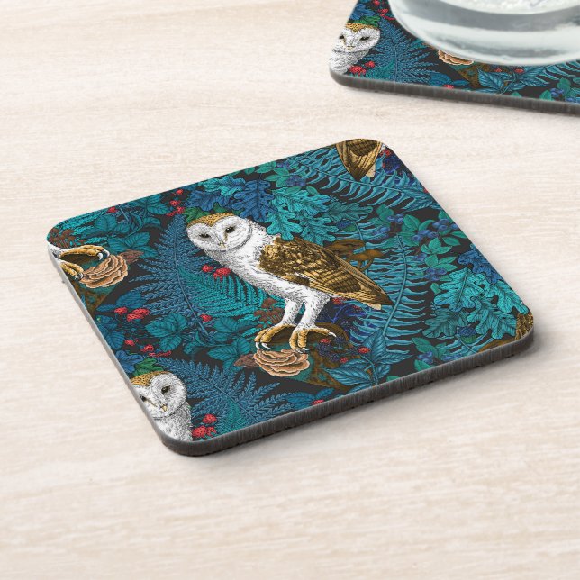 Owls, ferns, oak and berries 3 coaster (Left Side)