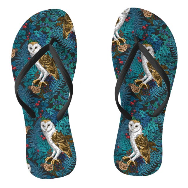 Owls, ferns, oak and berries 3 flip flops (Footbed)