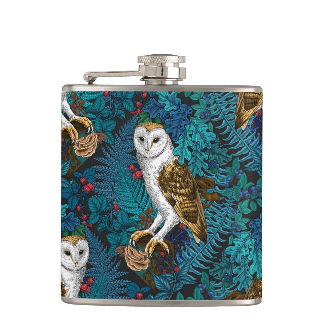 Owls, ferns, oak and berries 3 hip flask (Front)