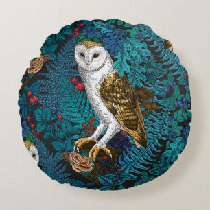Owls, ferns, oak and berries 3 round pillow
