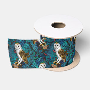 Owls, ferns, oak and berries 3 satin ribbon