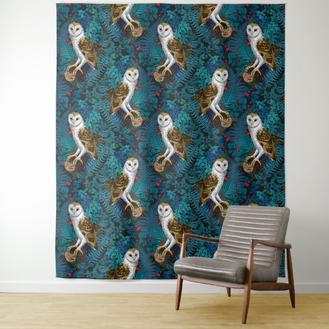 Owls, ferns, oak and berries 3 tapestry (In Situ)