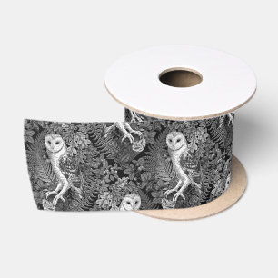 Owls, ferns, oak and berries 4 satin ribbon