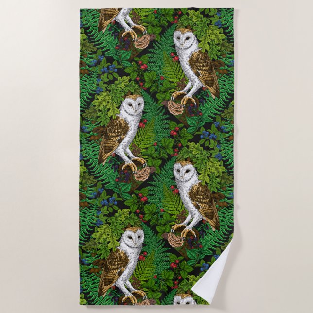 Owls, ferns, oak and berries beach towel (Front)