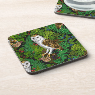 Owls, ferns, oak and berries coaster
