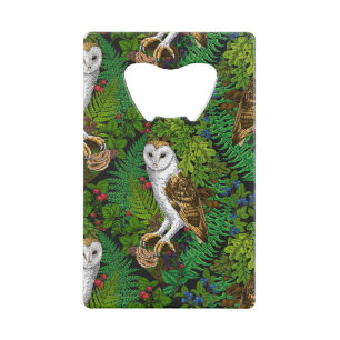 Owls, ferns, oak and berries credit card bottle opener