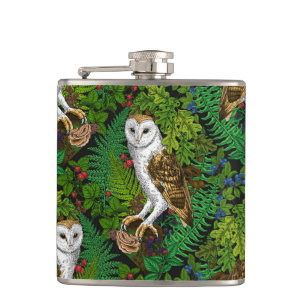 Owls, ferns, oak and berries hip flask