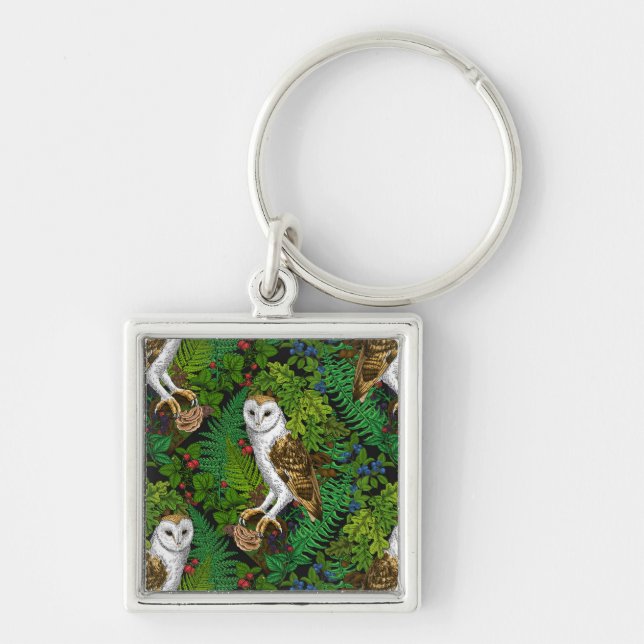 Owls, ferns, oak and berries keychain (Front)