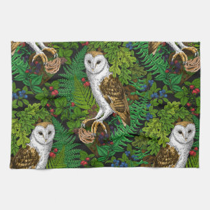 Owls, ferns, oak and berries kitchen towel