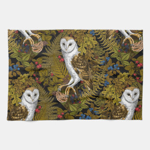 Owls, ferns, oak and berries kitchen towel