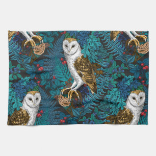 Owls, ferns, oak and berries kitchen towel