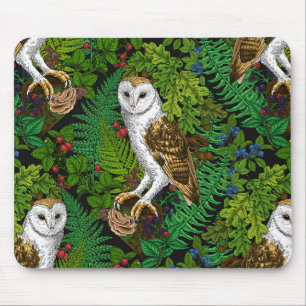 Owls, ferns, oak and berries mouse pad