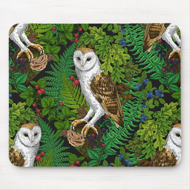 Owls, ferns, oak and berries mouse pad (Front)
