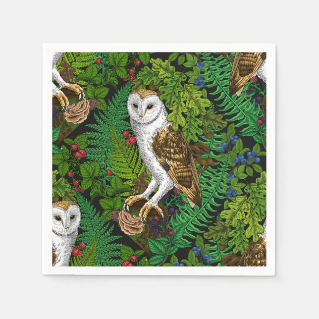 Owls, ferns, oak and berries napkin (Front)