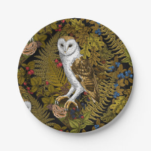 Owls, ferns, oak and berries paper plate