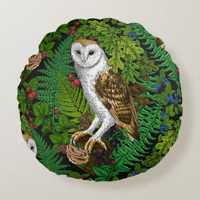 Owls, ferns, oak and berries round pillow (Front)