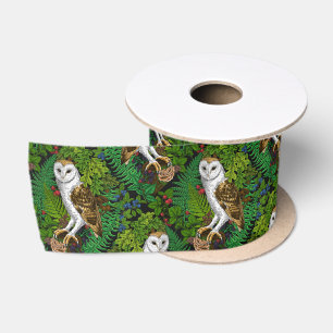 Owls, ferns, oak and berries satin ribbon