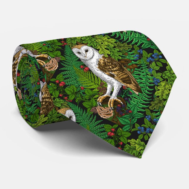Owls, ferns, oak and berries tie (Rolled)