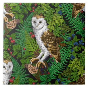 Owls, ferns, oak and berries tile