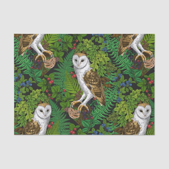 Owls, ferns, oak and berries tissue paper (Front)