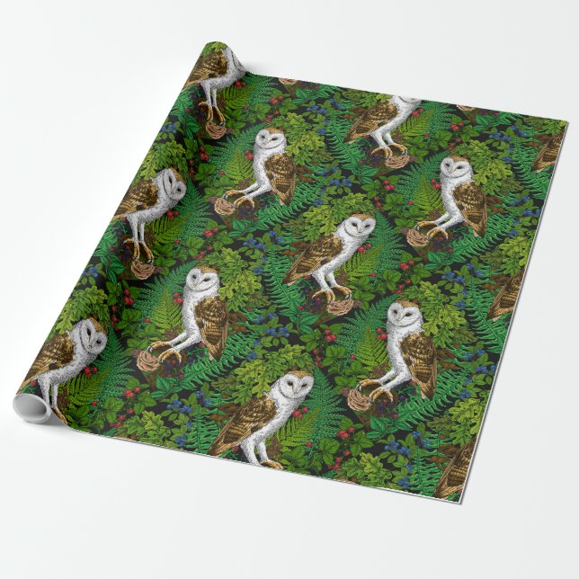 Owls, ferns, oak and berries wrapping paper (Unrolled)