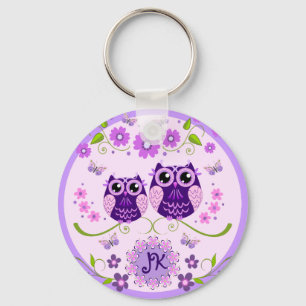 Owls, Flowers & Butterflies Custom Monogram Keychain