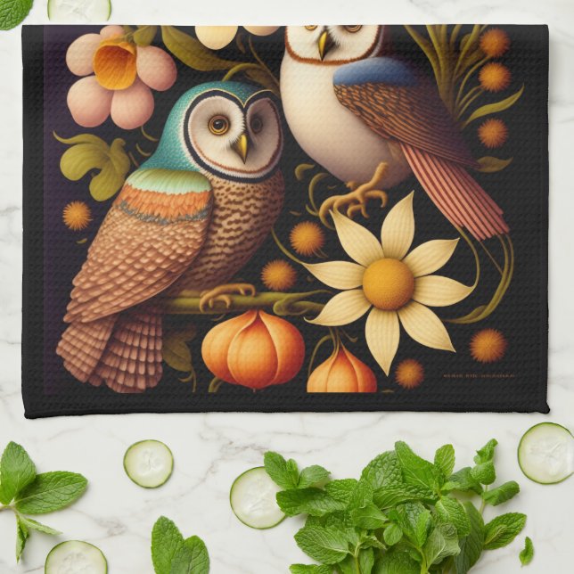 Owls & Flowers | Modern Haeckel   Kitchen Towel (Folded)