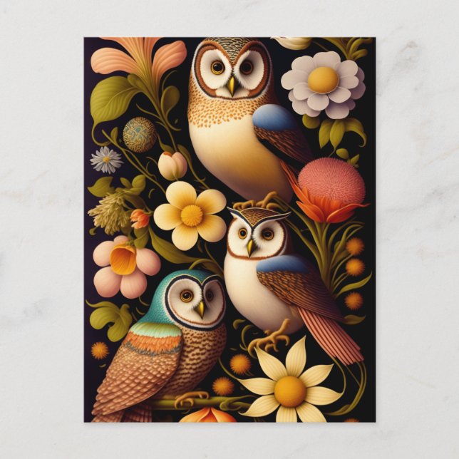 Owls & Flowers | Modern Haeckel  Postcard (Front)