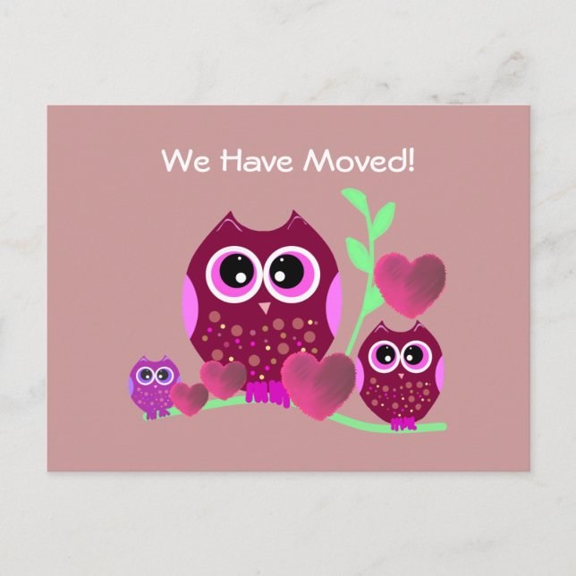 Owls & Hearts We've Moved Announcement Postcard (Front)