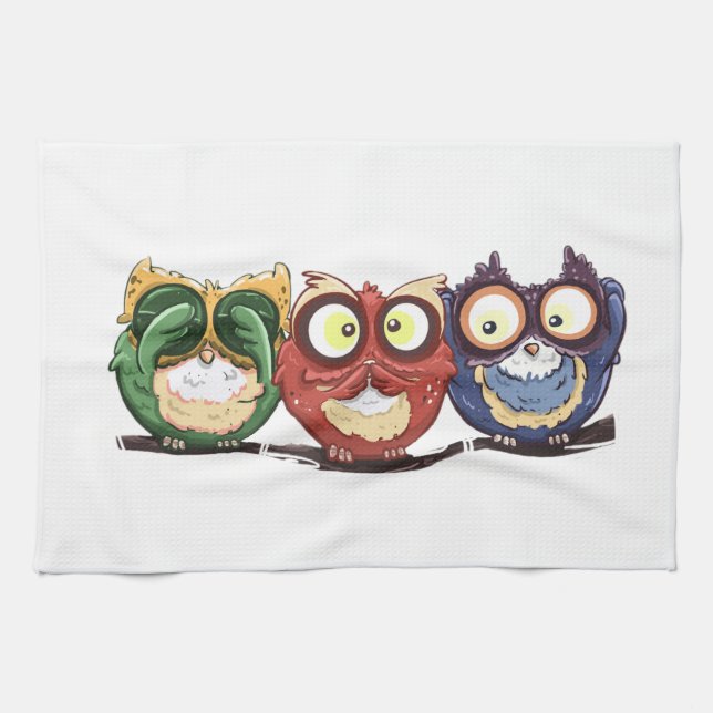 Owls Hoot See Speak Hear No Evil Kitchen Towel (Horizontal)