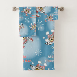 Owls Ice Skating Christmas Pattern Bath Towel Set