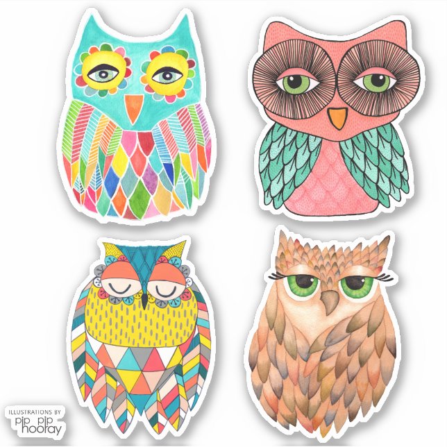 Owls Illustration Art Vinyl Sticker Set (Front)