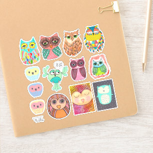 Owls Illustration Drawing Art Vinyl Sticker Set