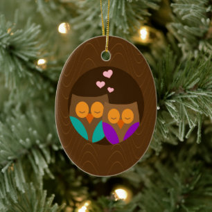Owls in a Nest Ceramic Ornament