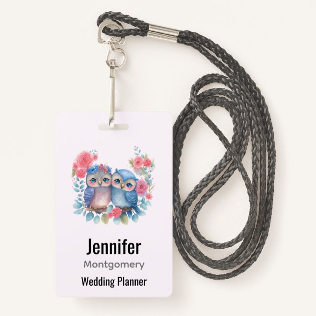 Owls in Love Sitting on a Tree Branch Badge (Front with Lanyard)