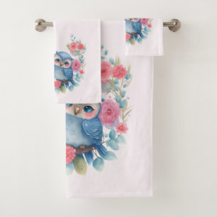 Owls in Love Sitting on a Tree Branch Bath Towel Set