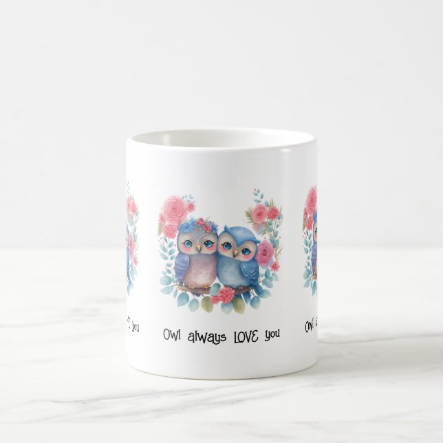Owls in Love Sitting on a Tree Branch Cute Pun Coffee Mug (Center)