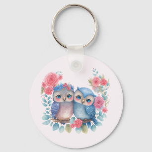 Owls in Love Sitting on a Tree Branch Keychain