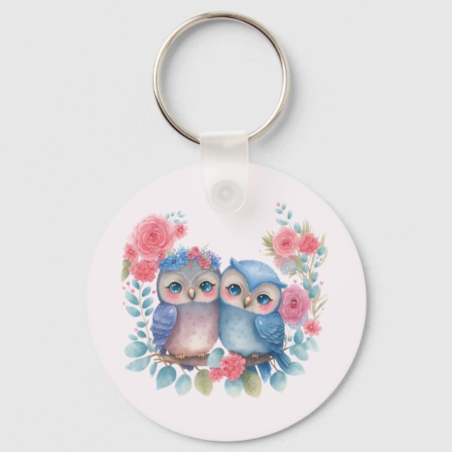 Owls in Love Sitting on a Tree Branch Keychain (Front)