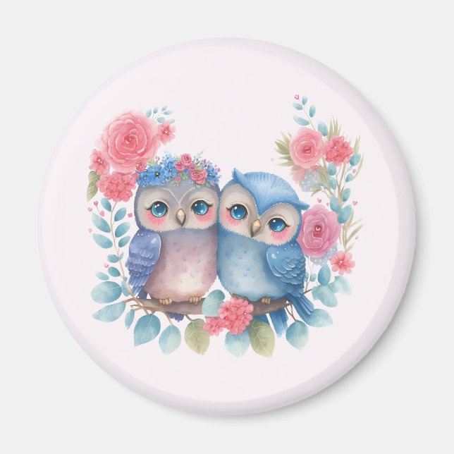 Owls in Love Sitting on a Tree Branch Magnet (Front)