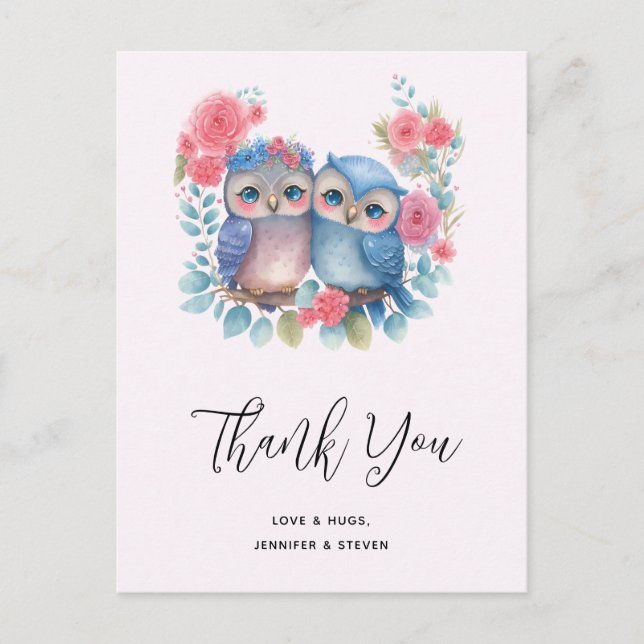 Owls in Love Sitting on a Tree Branch Thank You Postcard (Front)