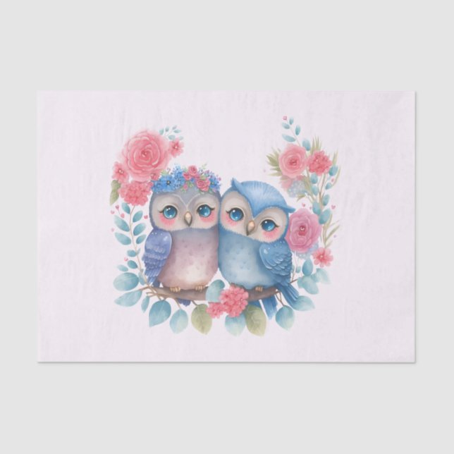 Owls in Love Sitting on a Tree Branch Tissue Paper (Front)