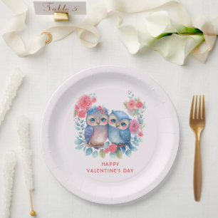 Owls in Love Sitting on a Tree Branch Valentine's Paper Plate