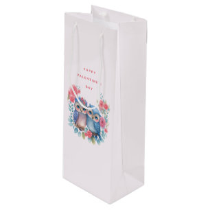 Owls in Love Sitting on a Tree Branch Valentine's Wine Gift Bag