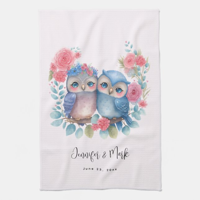 Owls in Love Sitting on a Tree Branch Wedding Kitchen Towel (Vertical)