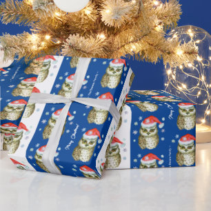 Owls in Santa Hats Christmas Pattern, Blue Wrapping Paper