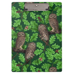 Owls in the forest on dark green clipboard
